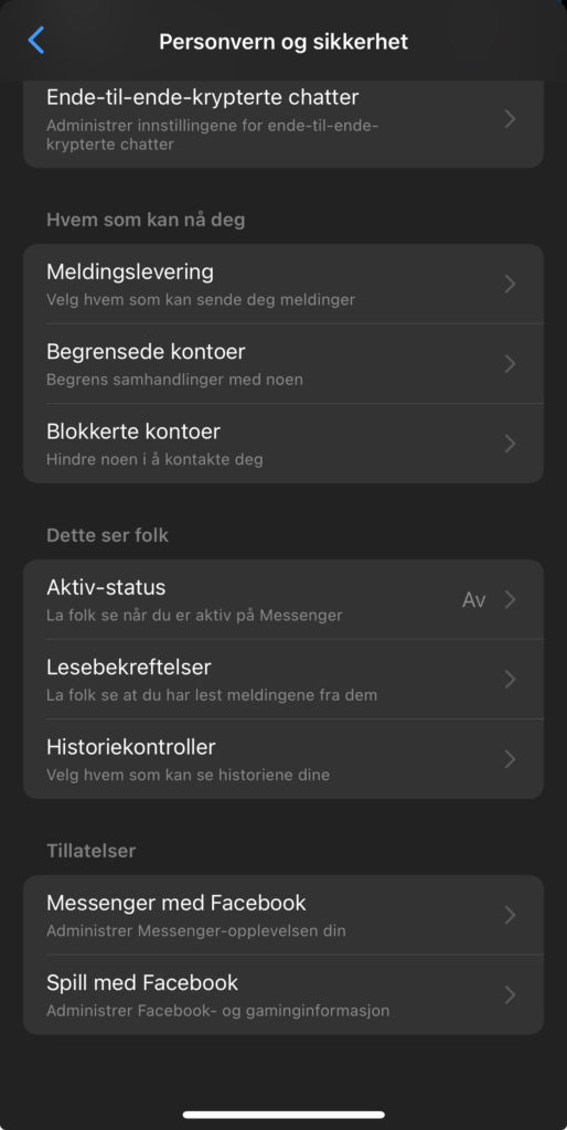 Skjermbilde av iPhone-innstillinger for Messenger app